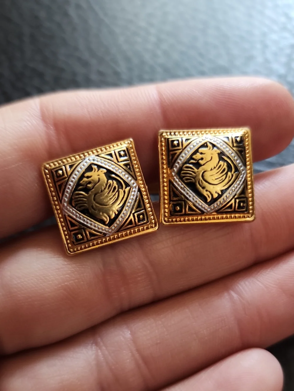 VTG Damascene Gold Tone Square Griffin Motif Cufflinks